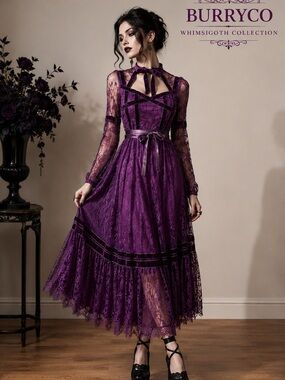 Burryco Romantic Lace Gothic Dress Purple Sheer Sleeve Velvet Trim Belt,Size 6